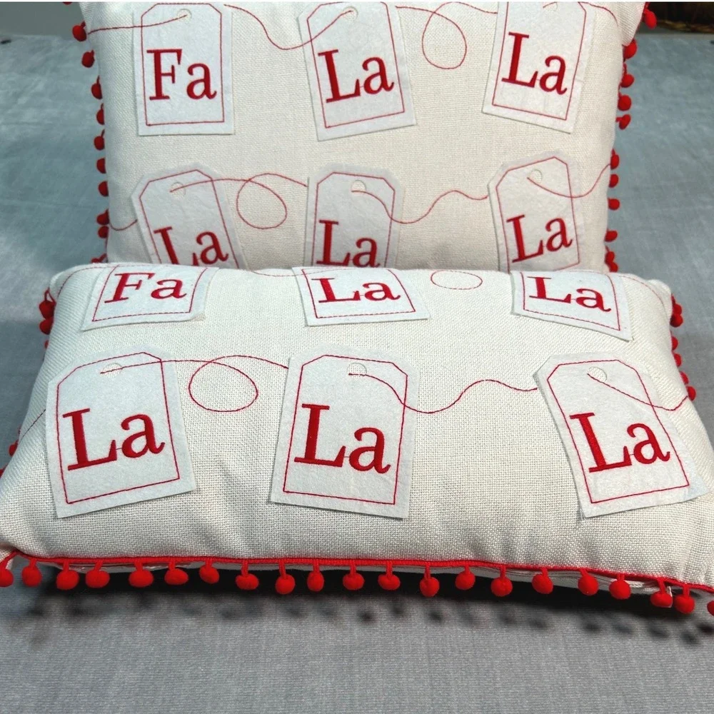 Christmas Holiday Fa La La Tea Bag Decorative Throw Pillow with Pom Poms Red Zip